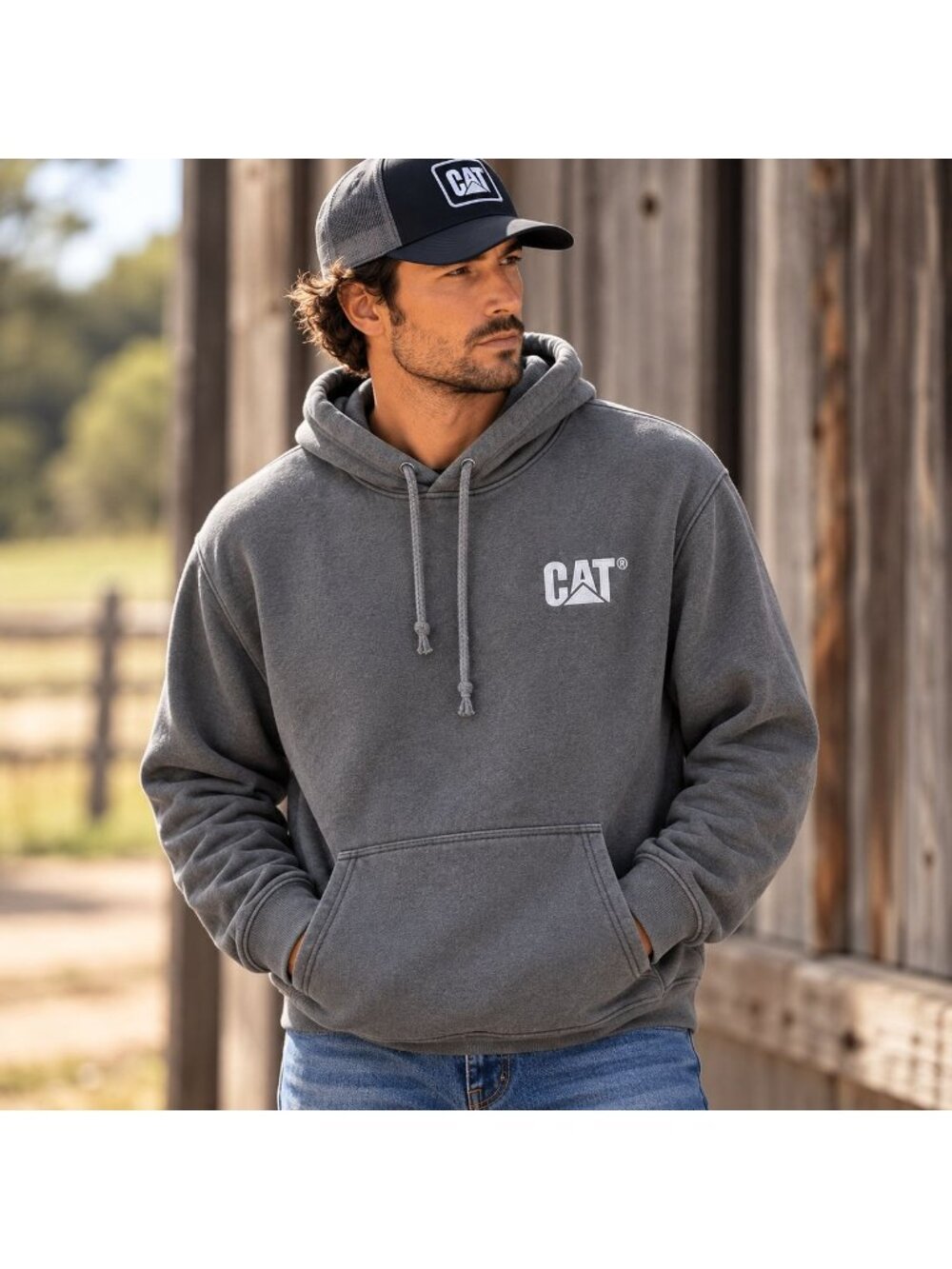 CAT Logo Gray Hoodie Large Size Pullover With Kangaroo Pocket & Adjustable Draws